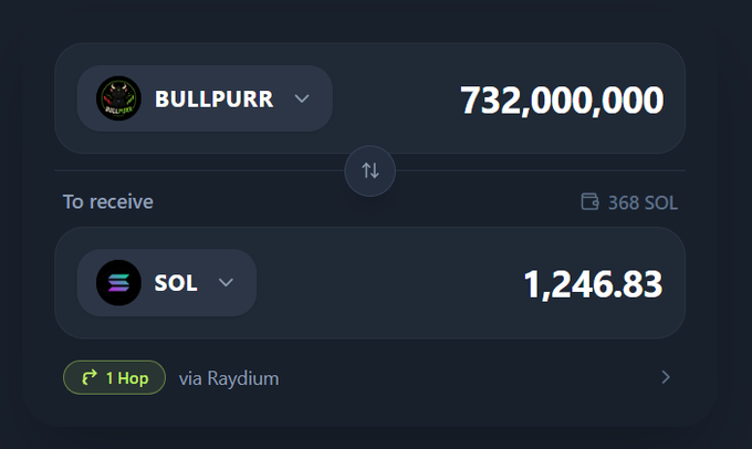 The image shows a crypto swap interface displaying a conversion rate of 732,000,000 BULLPURR tokens to 1,246.83 SOL (approximately 368 SOL worth), routed via Raydium as a 1-hop transaction, which appears to be a screenshot used to substantiate the $BULLPURR airdrop promotion claiming free token distributions to wallet holders.