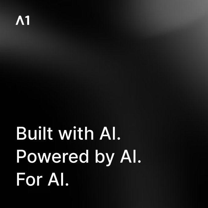 A black background displays the "A1" logo in the top-left corner with the tagline "Built with AI. Powered by AI. For AI." in white text, visually reinforcing the post's message about creating an AI-native internet where autonomous agents have first-class identity and verification through Bitcoin rather than human-centric captchas.