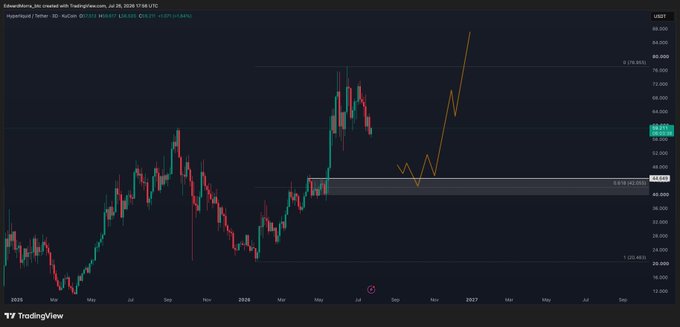A TradingView weekly chart for Hyperliquid (HYPE/USD on KuCoin) shows a bullish projection where the price is expected to dip to the $42.00–$45.00 zone — marked as the 0.618–0.79 Fibonacci retracement level at $42.03 — before breaking out toward and beyond $100, aligning with the post's call to buy the dip before a "generational run."