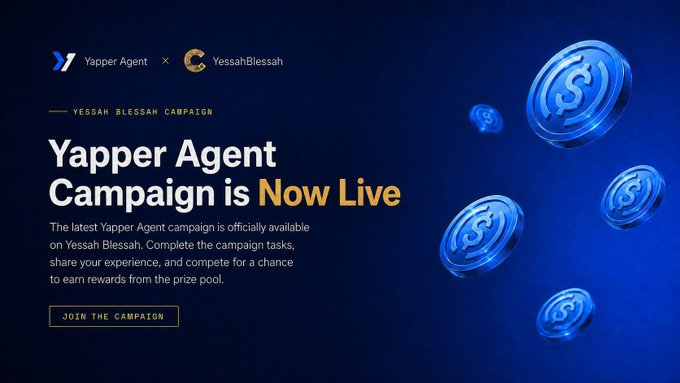 The image is a promotional banner with a dark blue background announcing the "Yapper Agent Campaign is Now Live" in partnership with YessahBlessah, featuring floating stylized dollar sign coin graphics and a "Join the Campaign" button. It complements the post by visually promoting the campaign with the same branding and call-to-action directing users to create tweets about exploring Yapper Agent's Swap, Store, and Marketplace features.