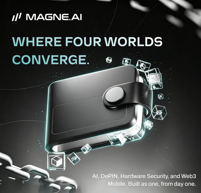 A sleek black hardware wallet device with floating digital cubes appears against a dark background, promoting MAGNE.AI with the headline "WHERE FOUR WORLDS CONVERGE" and the tagline "AI, DePIN, Hardware Security, and Web3 Mobile. Built as one, from day one."

The image visually reinforces the post's message by depicting the physical hardware wallet as the tangible intersection point where the four technological worlds (AI, DePIN, hardware security, and Web3) meet, with the floating cubes suggesting the convergence and seamless integration of these digital ecosystems into a single device.