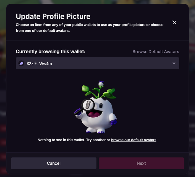 A screenshot of a Magic Eden "Update Profile Picture" modal showing a user's wallet (B2zJF...Ww4m) contains no collectible items, with a message stating "Nothing to see in this wallet," illustrating the issue described in the tweet where Bat Cowls from Candy Digital are apparently not recognized or available to be used as profile picture avatars.
