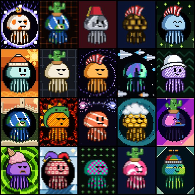 A pixel art grid of 20 jellyfish-like creatures wearing various hats (crowns, jester hats, pots, plants, ice cream) against colorful patterned backgrounds, resembling a PFP NFT collection.