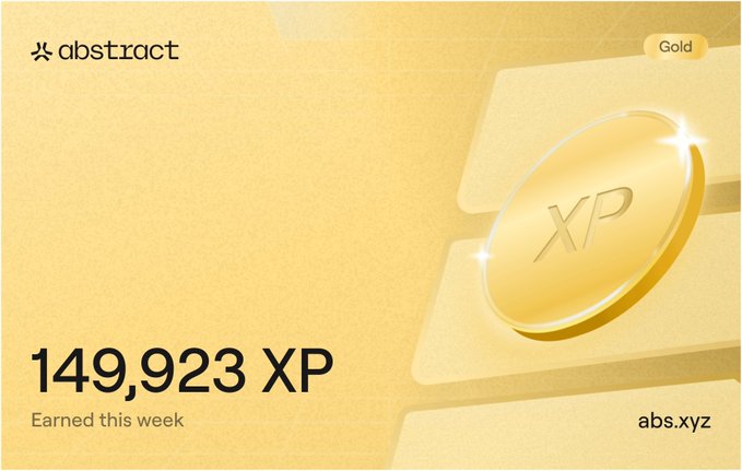 An abstract dashboard card showing '149,923 XP' earned this week with a gold 'XP' coin graphic and 'abs.xyz' branding.