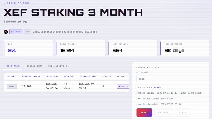 A cryptocurrency staking dashboard displays 'XEF STAKING 3 MONTH' with 21% APR, 15.2M total staked, 554 participants, and a 90-day lock-up period.