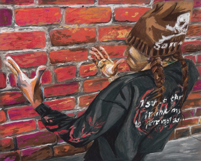 The image features a person wearing a black jacket with white text, which reads "Is it true that I'm not afraid of the dark?". This person is standing against a brick wall, looking up at it as if they are contemplating something or pondering over their thoughts. The painting captures the essence of the post by including this thought-provoking message in its composition.