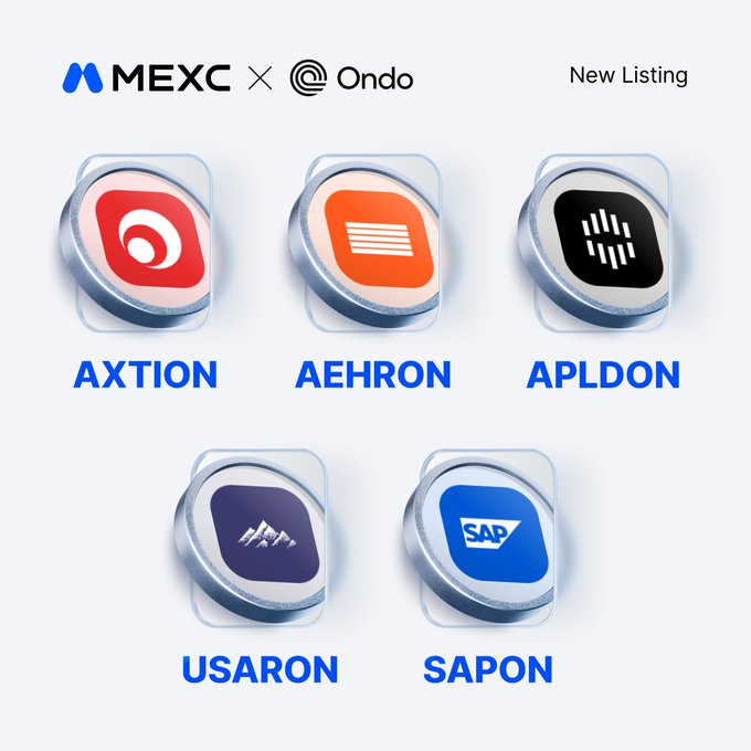 MEXC announces the initial listing of five new Ondo tokenized stocks—AXTION, AEHRON, APLDON, USARON, and SAPON—with trading beginning August 6, 2026, at 13:30 UTC. The image displays the MEXC × Ondo partnership branding alongside stylized app icons representing each tokenized stock ticker.