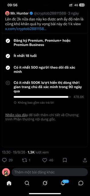 A Twitter/X post in Vietnamese by 'Mr. Hunter @cryptob28811588' discussing requirements to earn money, listing criteria like having Premium, being 18+, and having 500 followers and 500K views in 90 days.