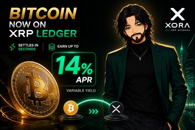 Promotional graphic announcing 'BITCOIN NOW ON XRP LEDGER' with '14% APR VARIABLE YIELD,' featuring an anime-style man in a black suit alongside the XORA XRP NEOBANK logo and Bitcoin and XRP coin icons.