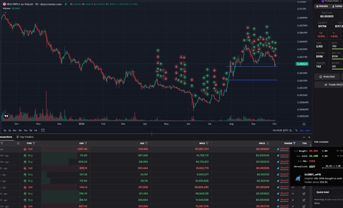 A cryptocurrency trading chart displays HEX/WPLS on PulseX with candlestick patterns, green and red buy/sell signals, a trading history ledger, and a chat panel showing orders like 'debridge01' buy orders.