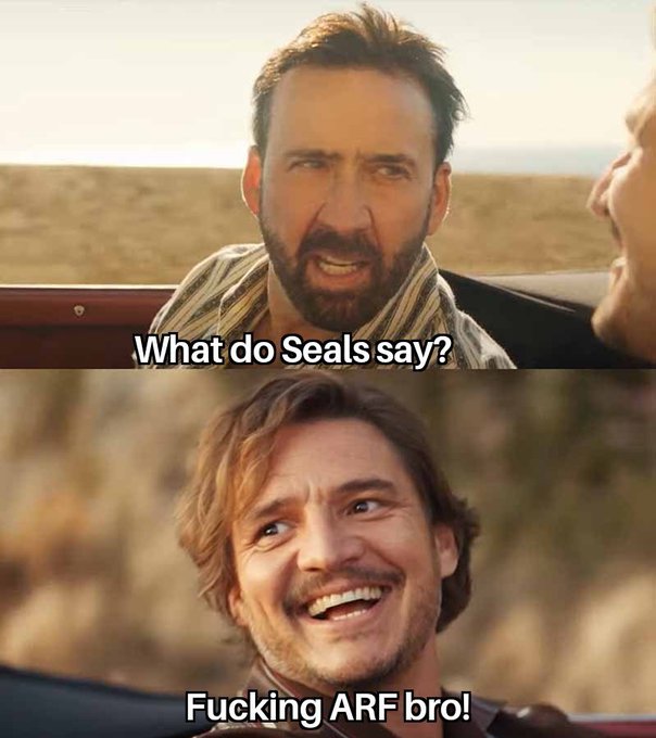 A two-panel meme features Nicolas Cage asking 'What do Seals say?' in the top image, and James Franco laughing with the reply 'Fucking ARF bro!' in the bottom image.