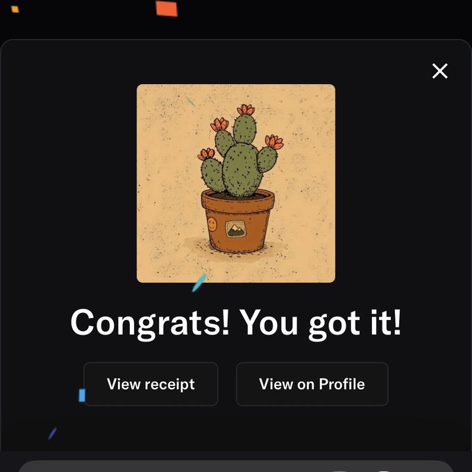 A mobile app popup displaying a cartoon illustration of a potted cactus with the text 'Congrats! You got it!' and buttons for 'View receipt' and 'View on Profile'.