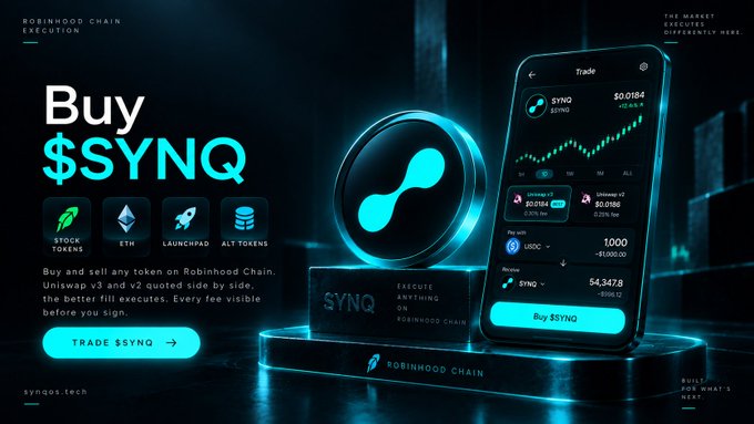 A promotional advertisement for the $SYNQ token on Robinhood Chain, showing a 3D coin, smartphone trading interface, and stock token icons.