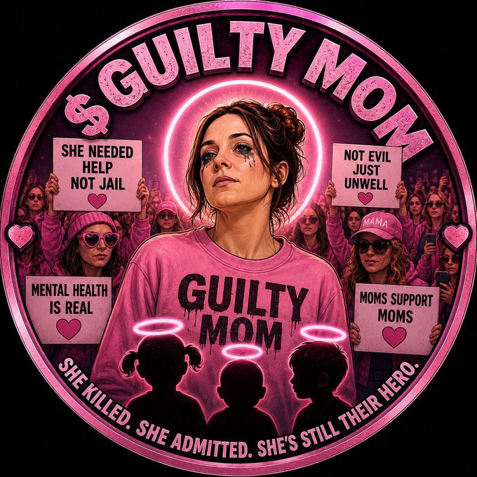 A pink neon "Guilty Mom" meme coin emblem featuring a tearful mother figure with a halo, surrounded by supporters holding signs reading "She Needed Help Not Jail," "Not Evil Just Unwell," "Mental Health Is Real," and "Moms Support Moms," with the tagline "She Killed. She Admitted. She's Still Their Hero." The image serves as promotional artwork for the $GUILTY meme token, tying into the viral Lindsey Clancy story referenced in the post.