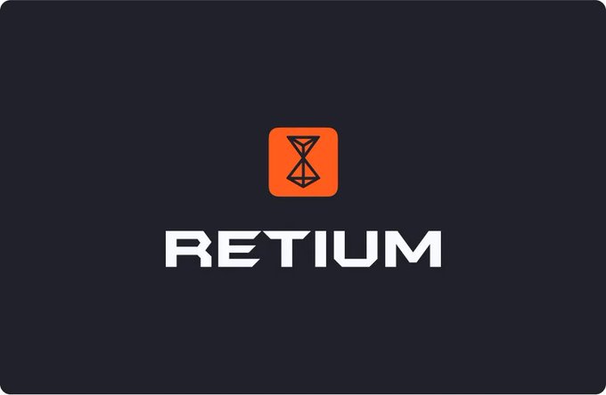 A logo design featuring an orange square icon with a geometric hourglass-like symbol above the white text 'RETIUM' on a dark gray background.