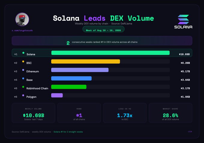 The image is an infographic titled "Solana Leads DEX Volume," showing weekly DEX volume rankings for the week of August 10-16, 2025, sourced from DefiLlama. Solana tops the chart at $10.69B, followed by BSC ($6.20B) and Ethereum ($5.17B), with a highlighted stat noting Solana held the #1 spot for two consecutive weeks and captured 28.6% market share of all DEX volume.