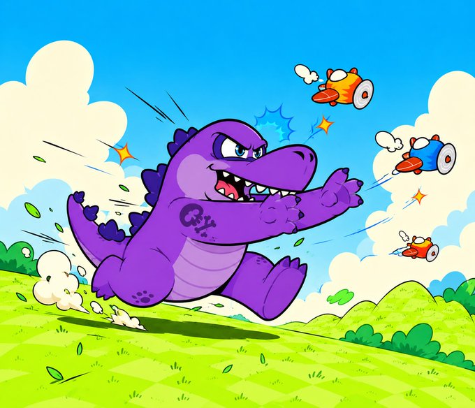 A cartoon illustration of an angry purple dinosaur running across a green field while being shot at by bird-like enemies with red and blue hats firing from the sky.