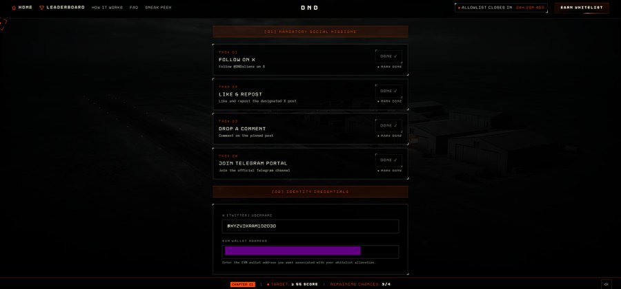 A dark-themed 'DND' website interface displays social media missions (follow on X, like & repost, drop a comment, join Telegram portal) with all marked as 'DONE' and a target wallet address field.
