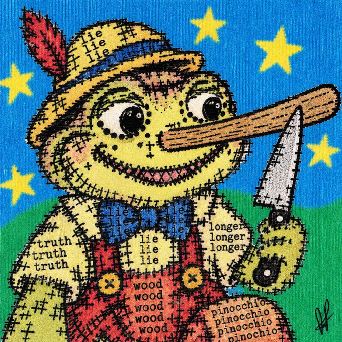 A stylized, crosshatched illustration of Pinocchio with an elongated nose holds a saw against his own face, with the words "lie," "truth," "wood," "longer," and "pinocchio" scattered across the artwork. The image humorously symbolizes self-inflicted deception through financial loss, tying into the post's threat to cut losses on a Solana position—Pinocchio literally sawing off his own nose as the trader considers sawing off their losing trade.