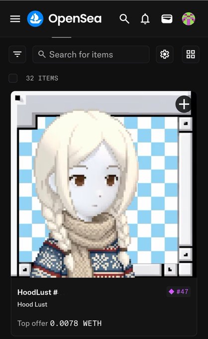 An OpenSea NFT marketplace listing for a 'Hood Lust' pixel art avatar item, showing a top offer of 0.0078 WETH.