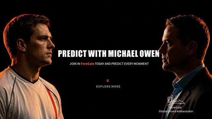 A promotional banner for ForeGate featuring two images of former footballer Michael Owen facing each other, with the text 'PREDICT WITH MICHAEL OWEN - JOIN IN FOREGATE TODAY AND PREDICT EVERY MOMENT' and his signature identifying him as Global Brand Ambassador.