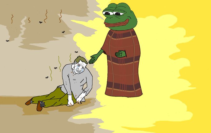 A Pepe the Frog stands looking sad with a tear in his eye beside a hunched, sorrowful Wojak on the ground, both enveloped in a yellow glow—visually representing the emotional bond between the two iconic internet meme characters being united on the Solana blockchain.