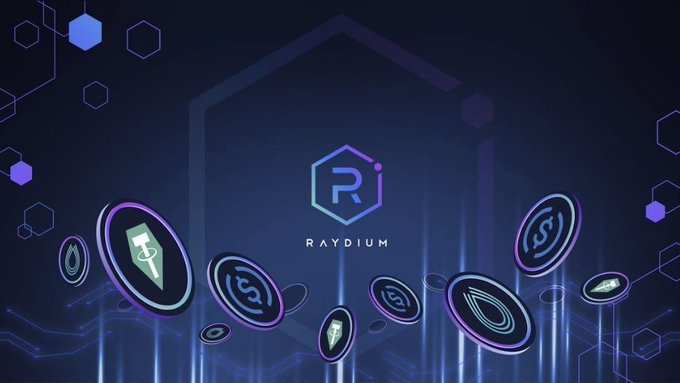 A promotional image for Raydium featuring its 'R' logo at the center, surrounded by floating circular tokens and hexagonal patterns on a dark blue background.