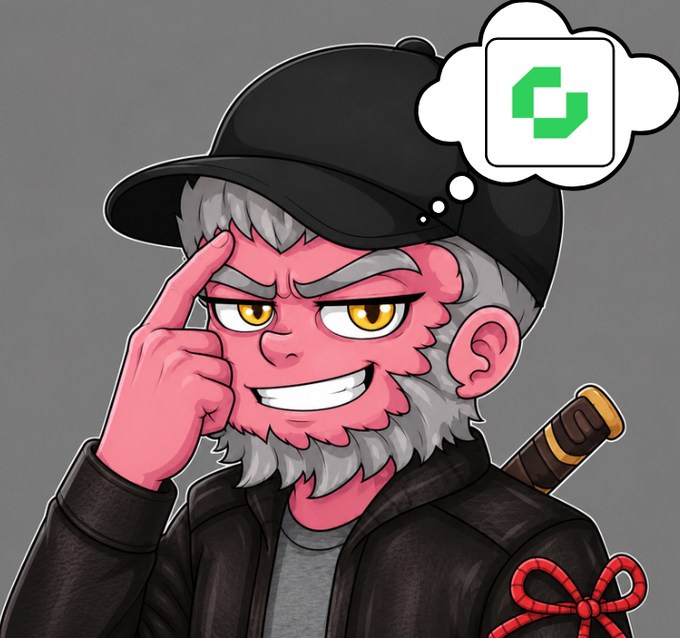 A cartoon illustration of a pink-skinned character with grey hair and beard, wearing a black cap and jacket, thinking about a green and white logo in a thought bubble.
