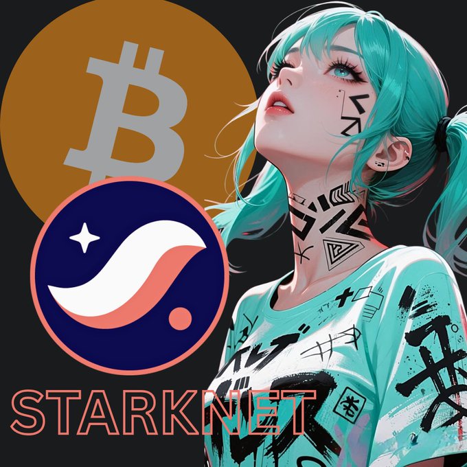 A stylized digital artwork of a woman with turquoise hair and face tattoos, positioned next to the Bitcoin logo, a blue and orange circular icon, and the text 'STARKNET' at the bottom.