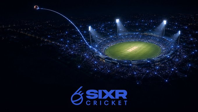 A digital illustration of a cricket stadium illuminated by floodlights, overlaid with a network of glowing blue connection lines and a 'SIXR CRICKET' logo, with a ball arcing across the top.