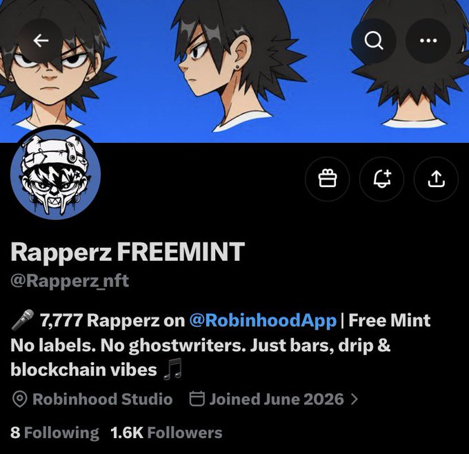 Twitter/X profile for "Rapperz FREEMINT" (@Rapperz_nft) featuring anime-style avatar art, advertising "7,777 Rapperz on @RobinhoodApp | Free Mint" with 1.6K followers.