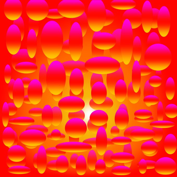Abstract 3D rendering of glowing pink and orange spheres or ovals with a bright light source in the center against a red background.