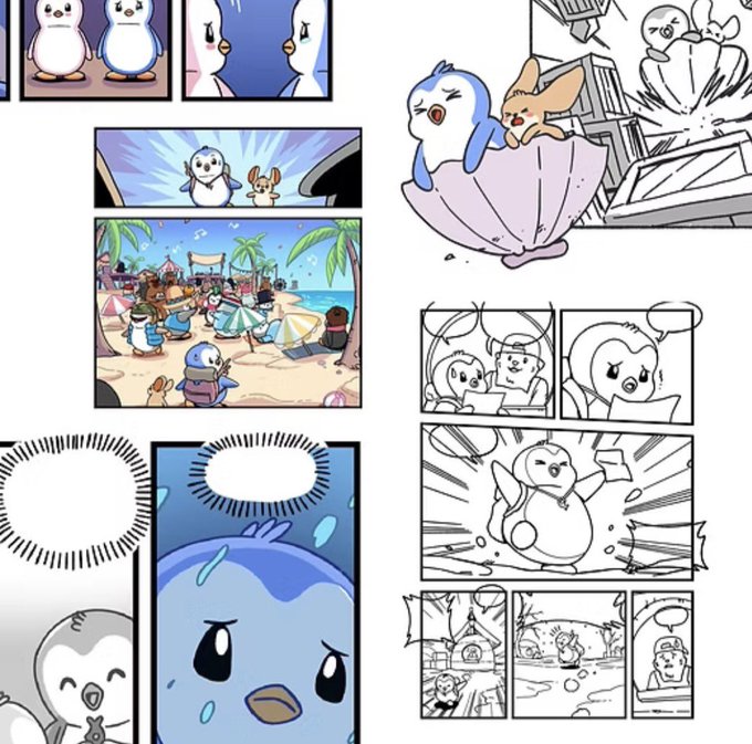 A collection of comic panels featuring cartoon penguins and a small fox character in various scenes including a beach, vehicles, and emotional moments.