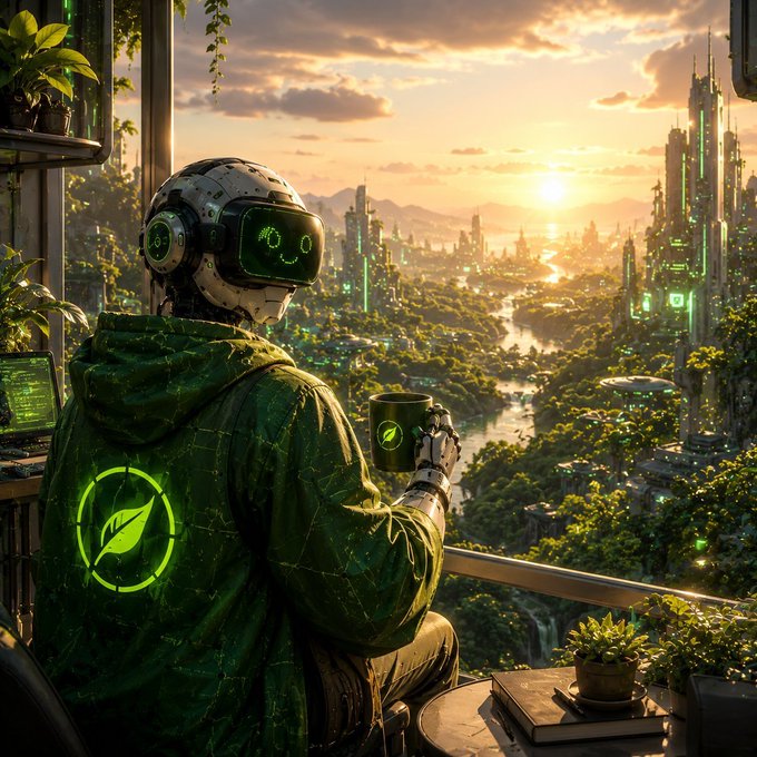 Digital art of a robot in a green hoodie with a leaf logo drinking coffee while overlooking a futuristic eco-city at sunset.