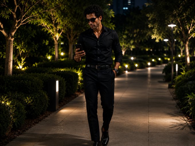 The image shows a man walking down a sidewalk at night, holding a cell phone in his hand. He appears to be looking at something on the screen of his phone while he walks. There are also several street lights along the path that illuminate the area around him.