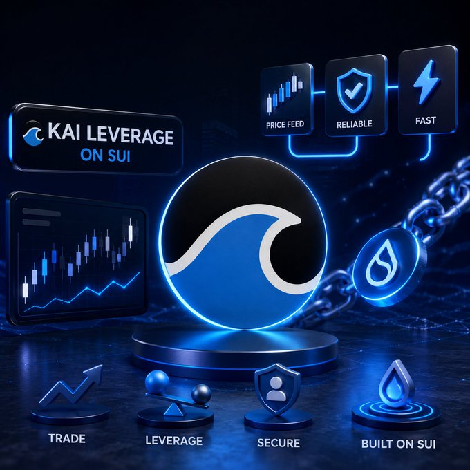 A promotional graphic for 'KAI LEVERAGE ON SUI' featuring a blue wave logo, with features highlighted: 'PRICE FEED', 'RELIABLE', 'FAST', and benefits: 'TRADE', 'LEVERAGE', 'SECURE', 'BUILT ON SUI'.