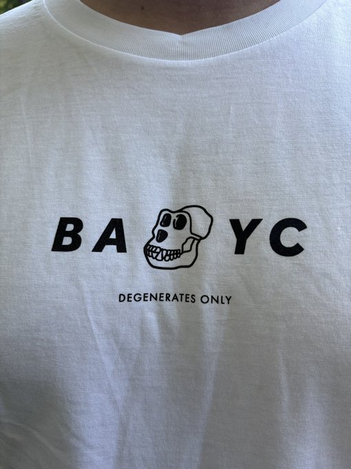 A white t-shirt graphic displaying 'BA' and 'YC' on either side of a skull illustration with the text 'DEGENERATES ONLY' beneath, a play on 'BAYC' (Bored Ape Yacht Club).