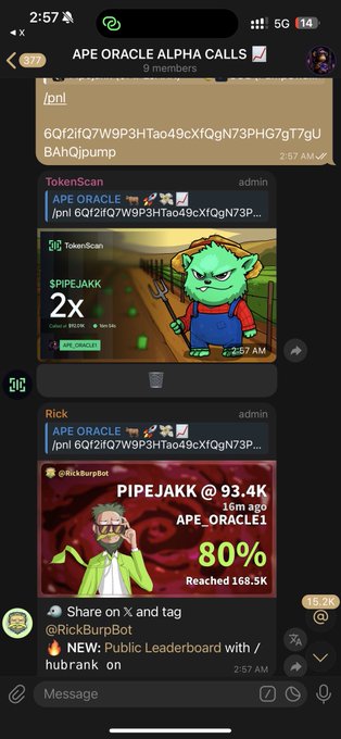 A Telegram chat screenshot from "APE ORACLE ALPHA CALLS" group showing shared contract addresses and TokenScan results for meme tokens including $PIPEJAKK and "APE_ORACLE1", with one showing 80% gains.