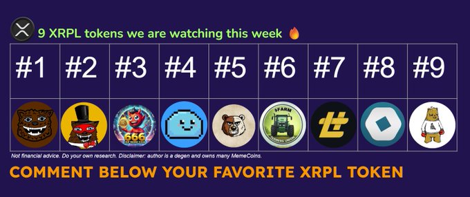 A graphic titled '9 XRPL tokens we are watching this week 🔥' displays nine numbered meme coin logos including bears, a demon, a robot, and a fighter, with text below stating 'COMMENT BELOW YOUR FAVORITE XRPL TOKEN'.