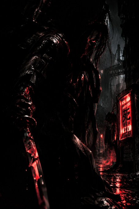 A dark, horror-themed digital illustration showing a menacing armored figure holding a blood-stained weapon in a rainy alleyway illuminated by red neon signs with Japanese characters, including 死 (death) and いいぜ (good).