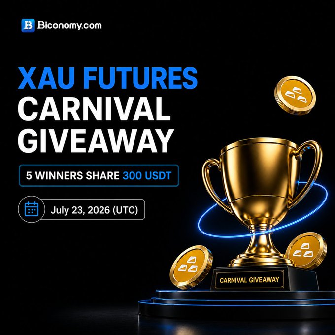 Promotional graphic from Biconomy.com advertising the "XAU Futures Carnival Giveaway," featuring a golden trophy surrounded by floating XAU coins on a dark background, with text announcing "5 Winners Share 300 USDT" and a deadline of "July 23, 2026 (UTC)." The image visually reinforces the giveaway post by showcasing the prize (trophy) and the XAU token branding, matching the campaign's call for users to follow, like, repost, and comment to enter.