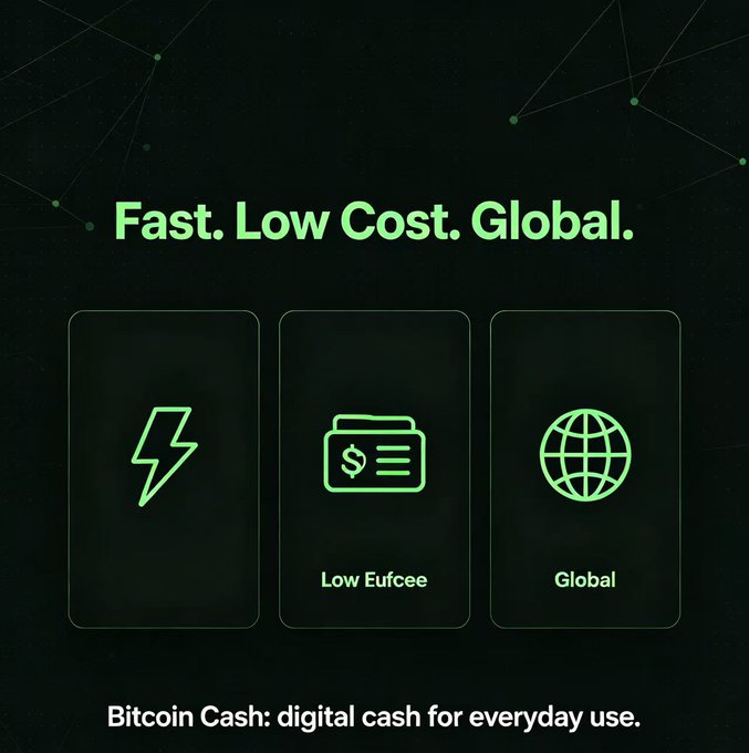 A green and black promotional graphic for Bitcoin Cash with the tagline 'Fast. Low Cost. Global.' featuring icons for speed, low fees, and global reach.