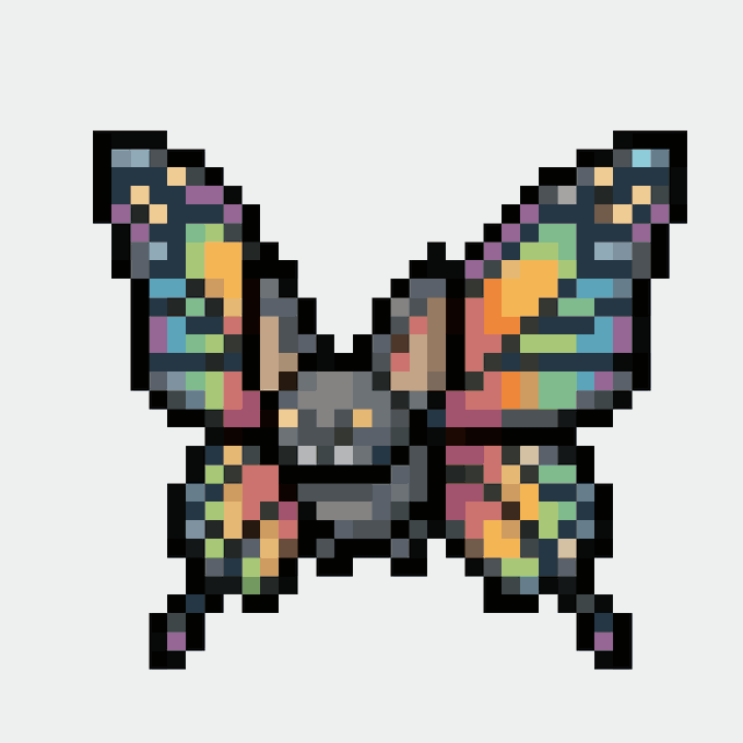 A pixel art image depicts a colorful, blocky butterfly or moth-like creature composed of various colored squares including blue, orange, pink, and green.