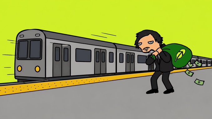A cartoon man sprints along a subway platform carrying a green sack overflowing with cash as a speeding train whizzes by, visually capturing the post's message about finally catching the $ROB ("Robbing Hood") train and leaving other investors behind to collect $HOOD rewards and profits.