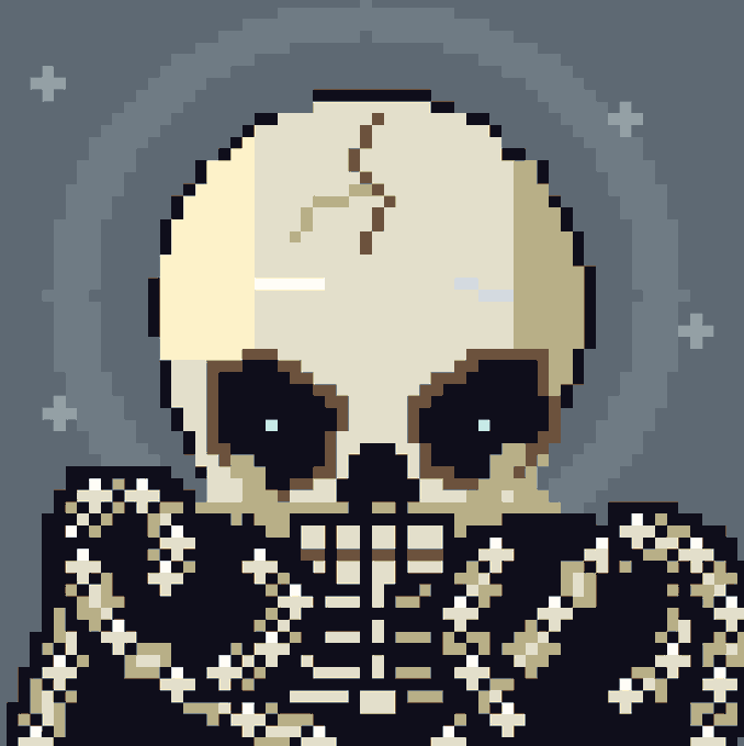 A pixel art illustration depicts a bearded skeleton in a dark robe with cross patterns, featuring glowing blue eyes and a small crack on its skull.