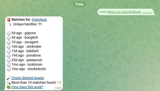A Telegram message screenshot showing 'Matches for: @zkghost' with various deleted tweet handles like 'qdpons', 'booglerh', and 'zecagent' on a green background.
