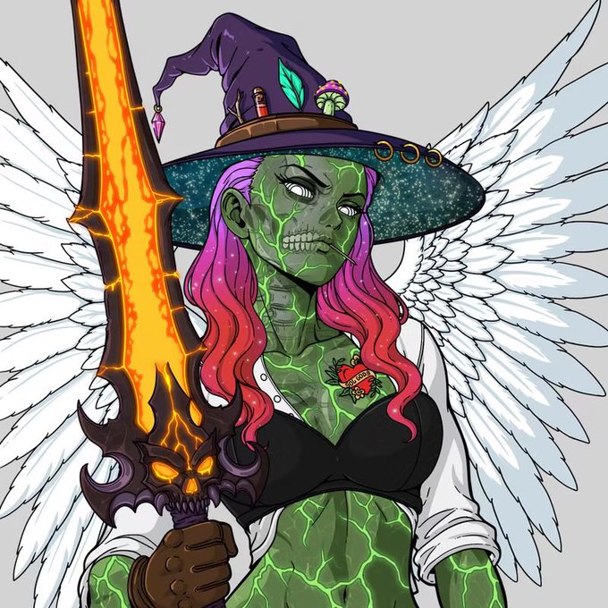 A digital illustration of a green-skinned, winged witch character with pink hair, wearing a purple wizard hat and holding a glowing orange sword with a skull hilt.