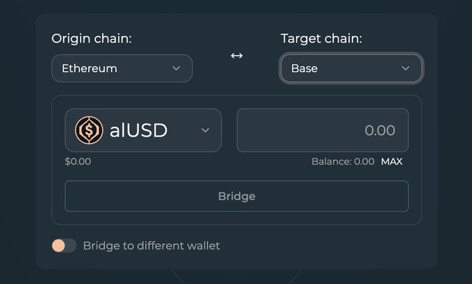 A dark-themed blockchain bridging interface with dropdowns for 'Origin chain' (Ethereum) and 'Target chain' (Base), an amount input field for alUSD showing 0.00, and a 'Bridge' button below a 'Bridge to different wallet' toggle.