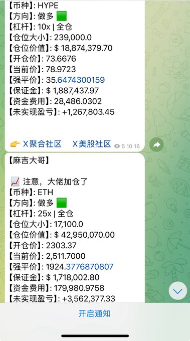 A Chinese messaging app screenshot displaying trading notifications for HYPE and ETH cryptocurrencies, showing details like leverage (10x and 25x), position sizes, and unrealized profits, with the time '5:10:16' and a button reading '开启通知' (Enable Notifications).