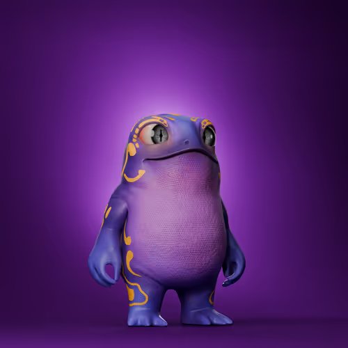 A purple cartoon creature with golden swirly patterns and large, expressive eyes stands against a matching purple backdrop. The whimsical, ape-like figure reflects the quirky NFT collectible vibe of the ApeChurch GIMBOZ acquisition mentioned in the post.
